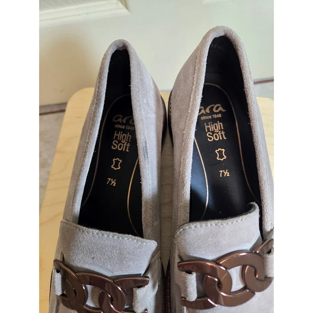 Ara High Soft Grey Suede Chain Link Loafers Womens Size 7.5 UK 5